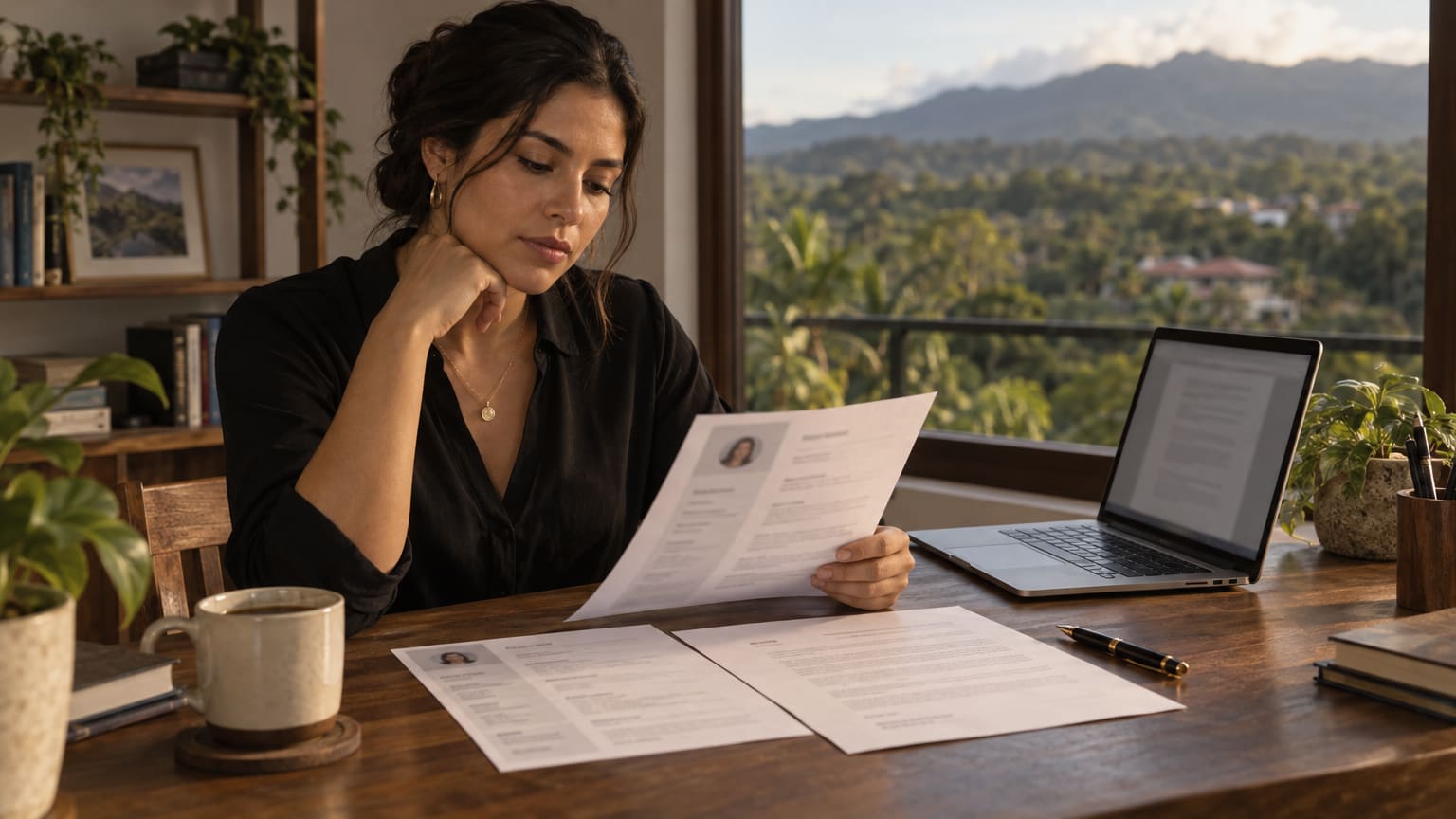Mujer revisando un CV diseñado en un escritorio