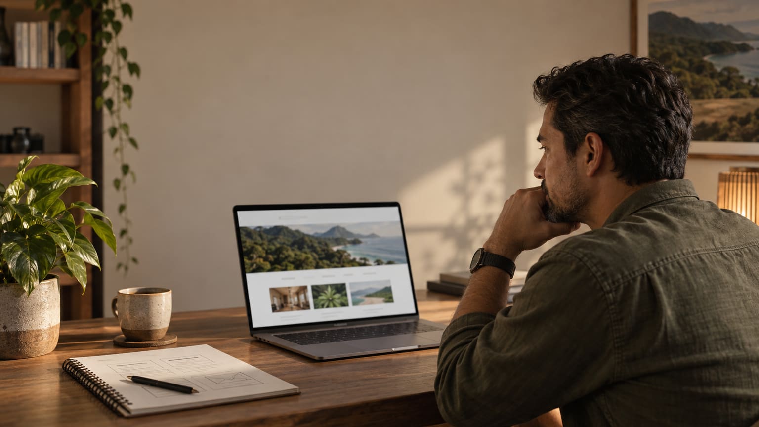 Hombre revisando una página web en la laptop